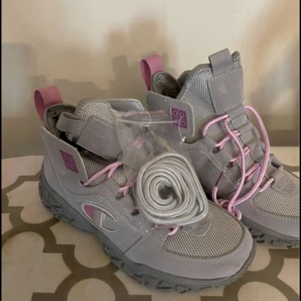 Brand New Girls Gray and Pink Champion Boots Size 4